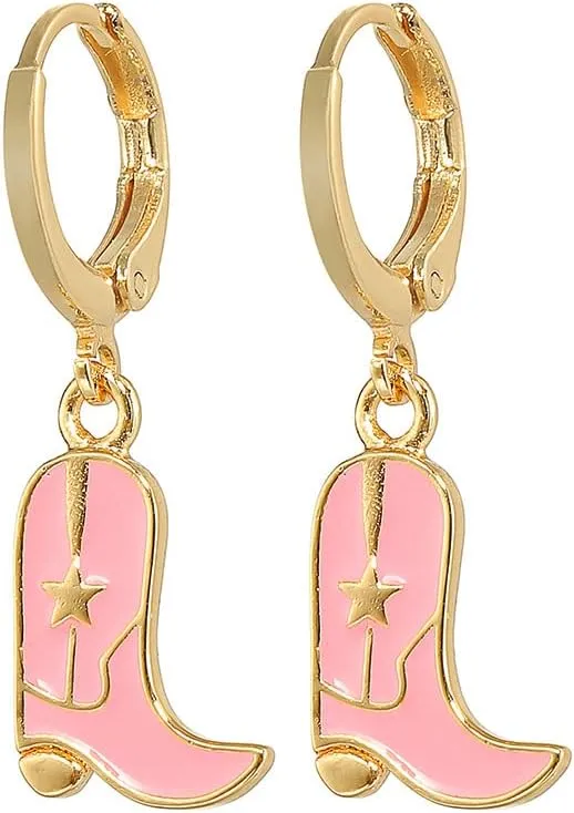Cute Cowgirl Boot Hat Earrings Enamel Western Cowboy Dangle Drop Earrings