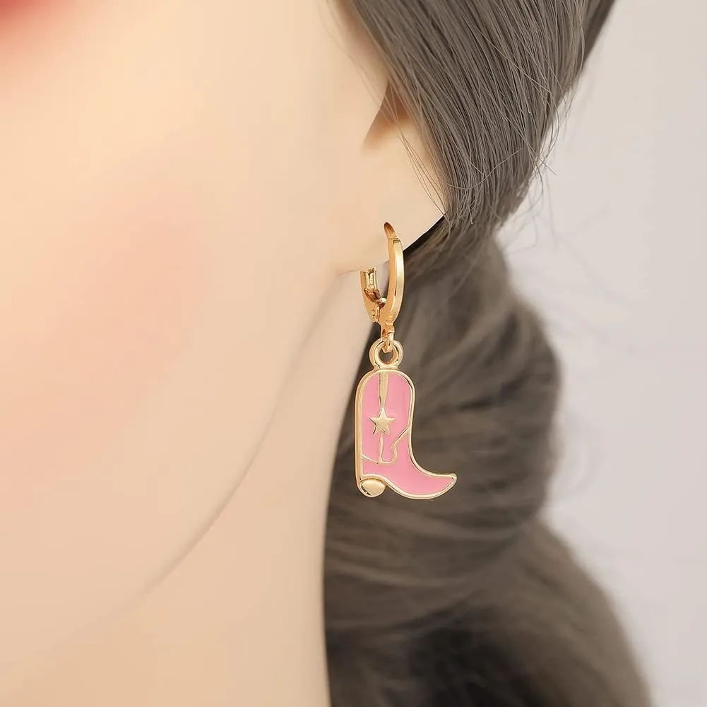 Cute Cowgirl Boot Hat Earrings Enamel Western Cowboy Dangle Drop Earrings