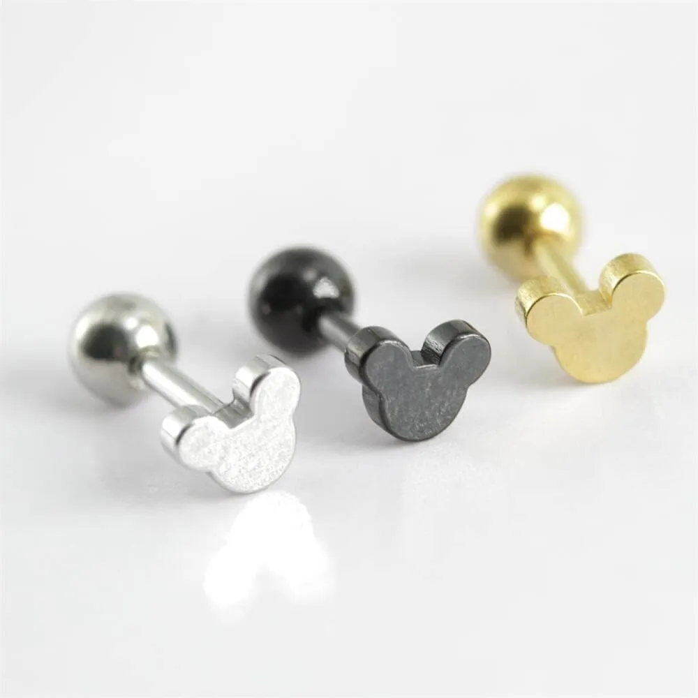 Cute Mouse Mice Stud Earrings for Women Men Cartilage Stainless Steel Animal Screw Back Ball Tragus Tiny Studs Earring Simple Christmas Jewelry Gifts 16G