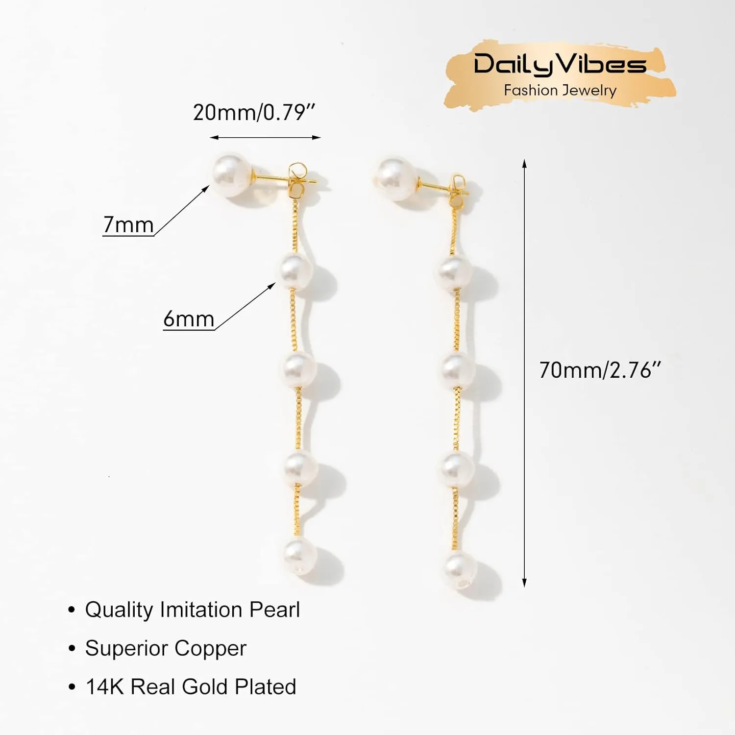 DAILY VIBES 14K Gold Freshwater Pearl Drop Earrings Dangle Dainty Long White Cultured Baroque Pearl Earrings for Women Statement Stud Ball Chain Tassel Jewelry for Bridal Wedding
