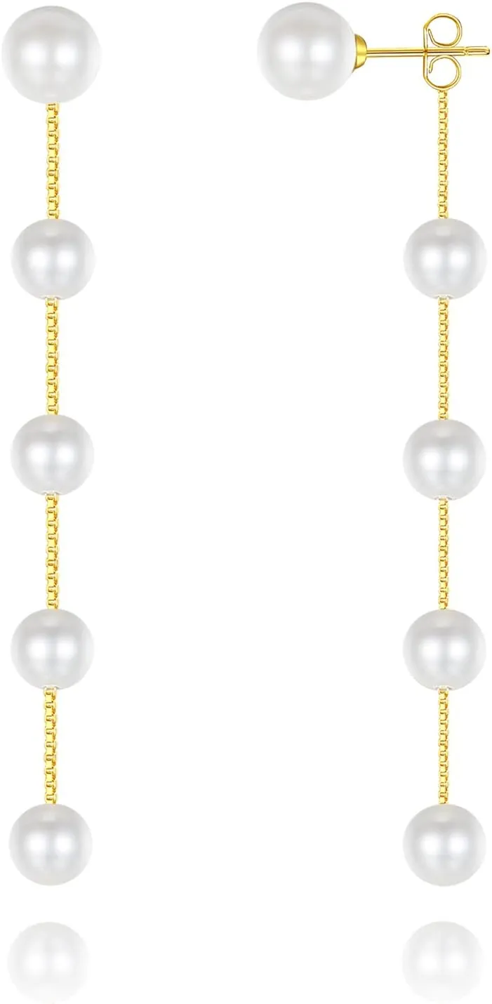 DAILY VIBES 14K Gold Freshwater Pearl Drop Earrings Dangle Dainty Long White Cultured Baroque Pearl Earrings for Women Statement Stud Ball Chain Tassel Jewelry for Bridal Wedding