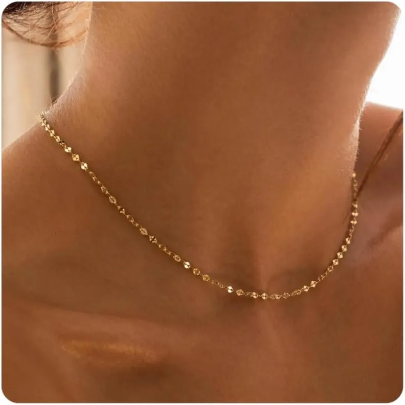 Dainty Chain Necklace for Women 18K Gold Plated Coin Disc Choker Necklaces Simple Satellite Beaded Twisted Chain Necklace Delicate Thin Paper Clip Necklaces Everyday Jewelry