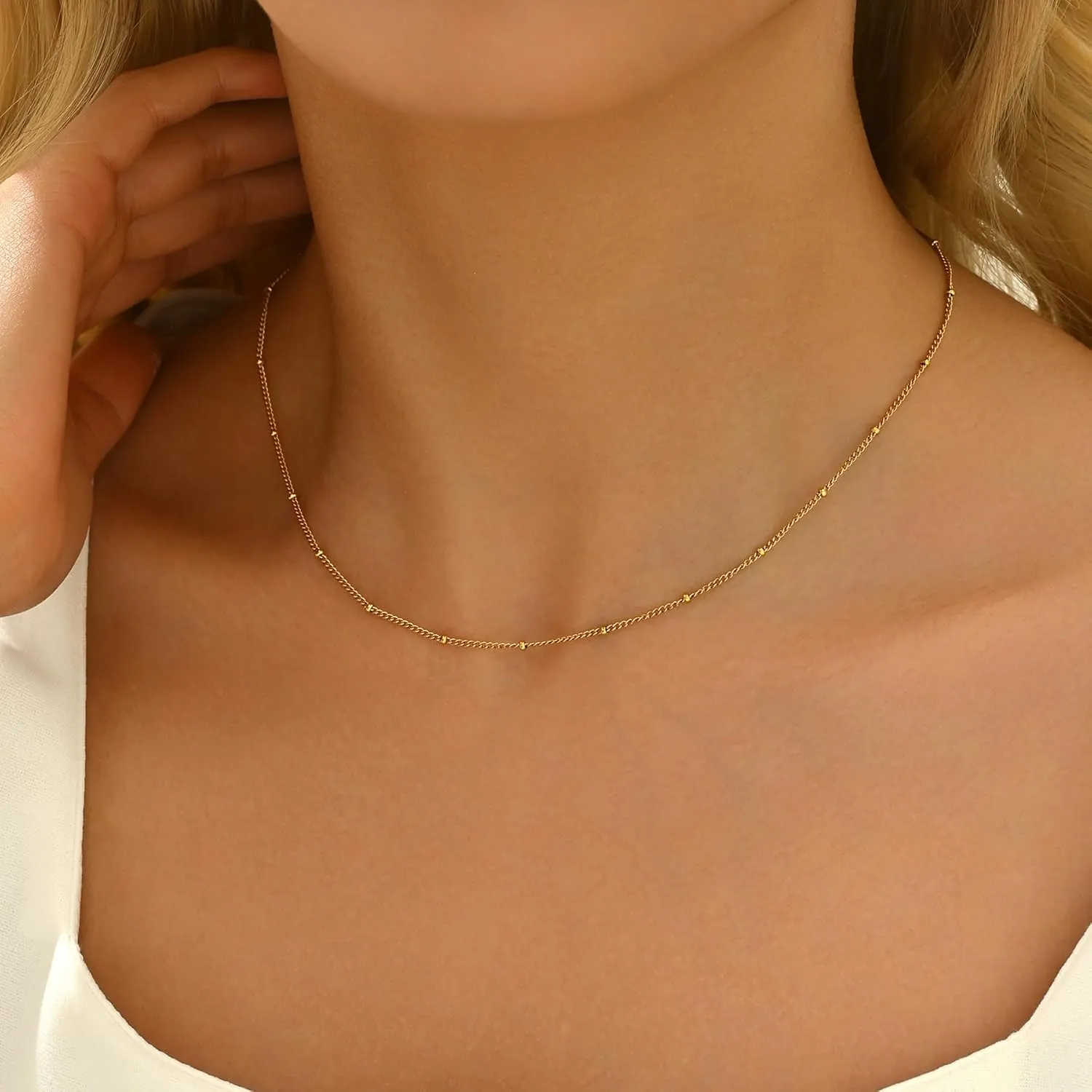 Dainty Chain Necklace for Women 18K Gold Plated Coin Disc Choker Necklaces Simple Satellite Beaded Twisted Chain Necklace Delicate Thin Paper Clip Necklaces Everyday Jewelry