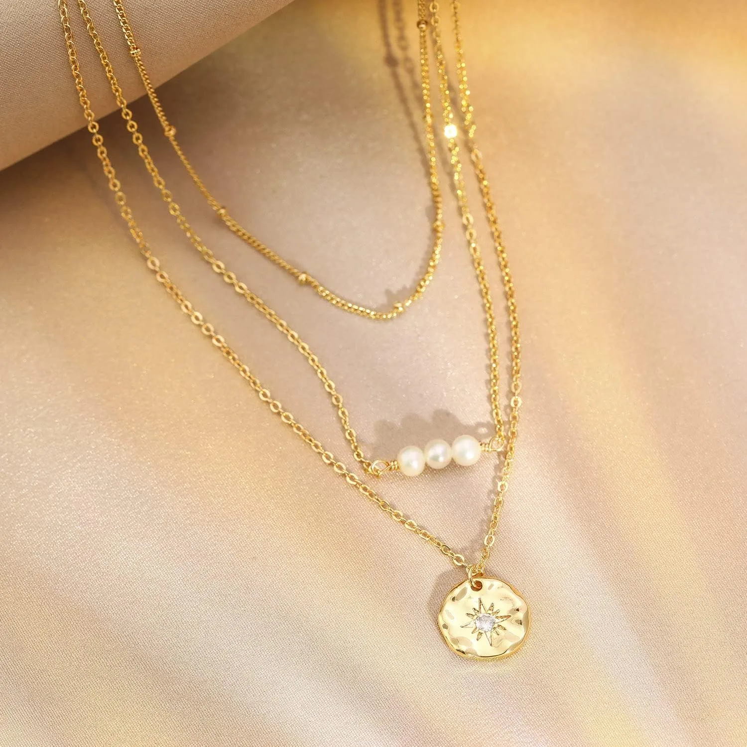 Dainty Layered Choker Necklace,18K Gold Plated Handmade Layering Pearl Bar Disc Pendant Necklaces for Women,Adjustable Chain Necklace Jewelry