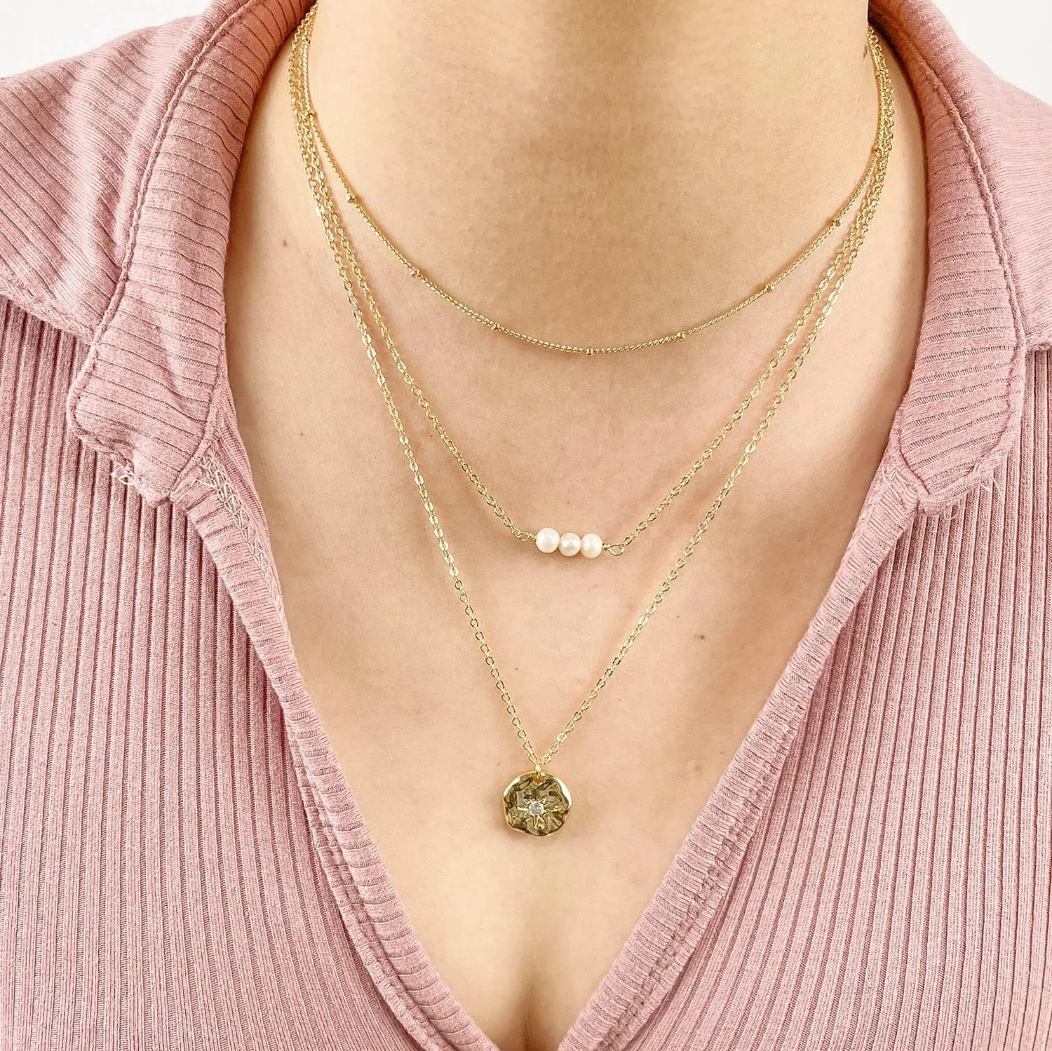 Dainty Layered Choker Necklace,18K Gold Plated Handmade Layering Pearl Bar Disc Pendant Necklaces for Women,Adjustable Chain Necklace Jewelry