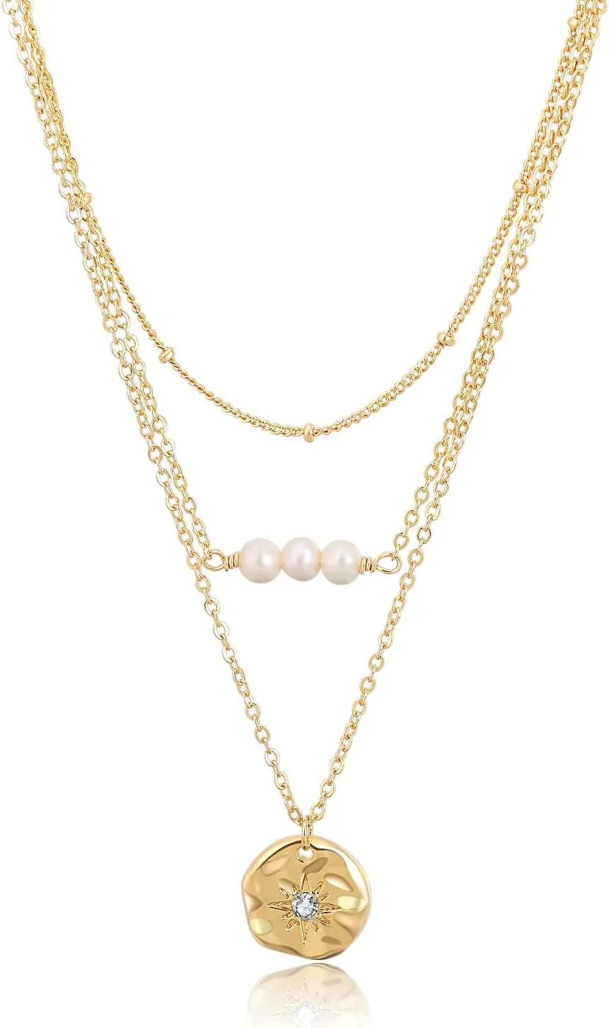 Dainty Layered Choker Necklace,18K Gold Plated Handmade Layering Pearl Bar Disc Pendant Necklaces for Women,Adjustable Chain Necklace Jewelry