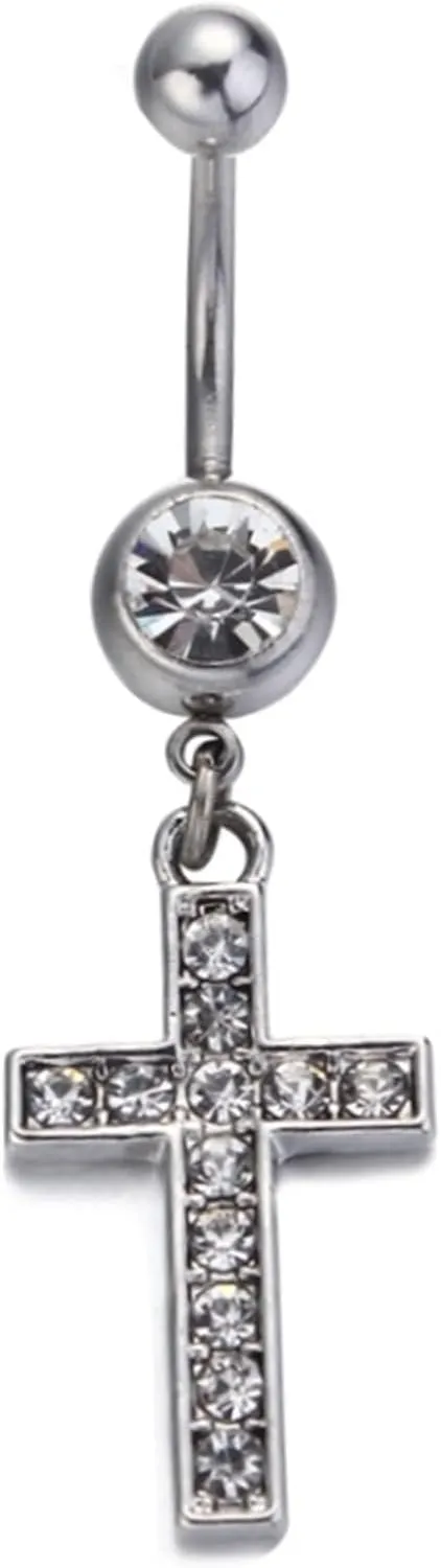 Dangle Belly Button Rings, Cute Belly Button Rings Silver Stainless Steel Navel Rings Belly Button Nails Cross