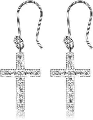 Dangle Cross Earrings for Women Sterling Silver Cubic Zirconia Christian Religious Minimalist Jewelry