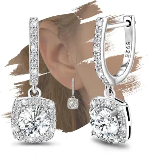 Dangle Hoop Earrings For Women Sterling Silver Huggie Earrings with Princess Cut Square Halo CZ Charm Dangling Drop Cartilage Cuff Earrings Hypoallergenic Jewelry Birthday Wedding Gifts