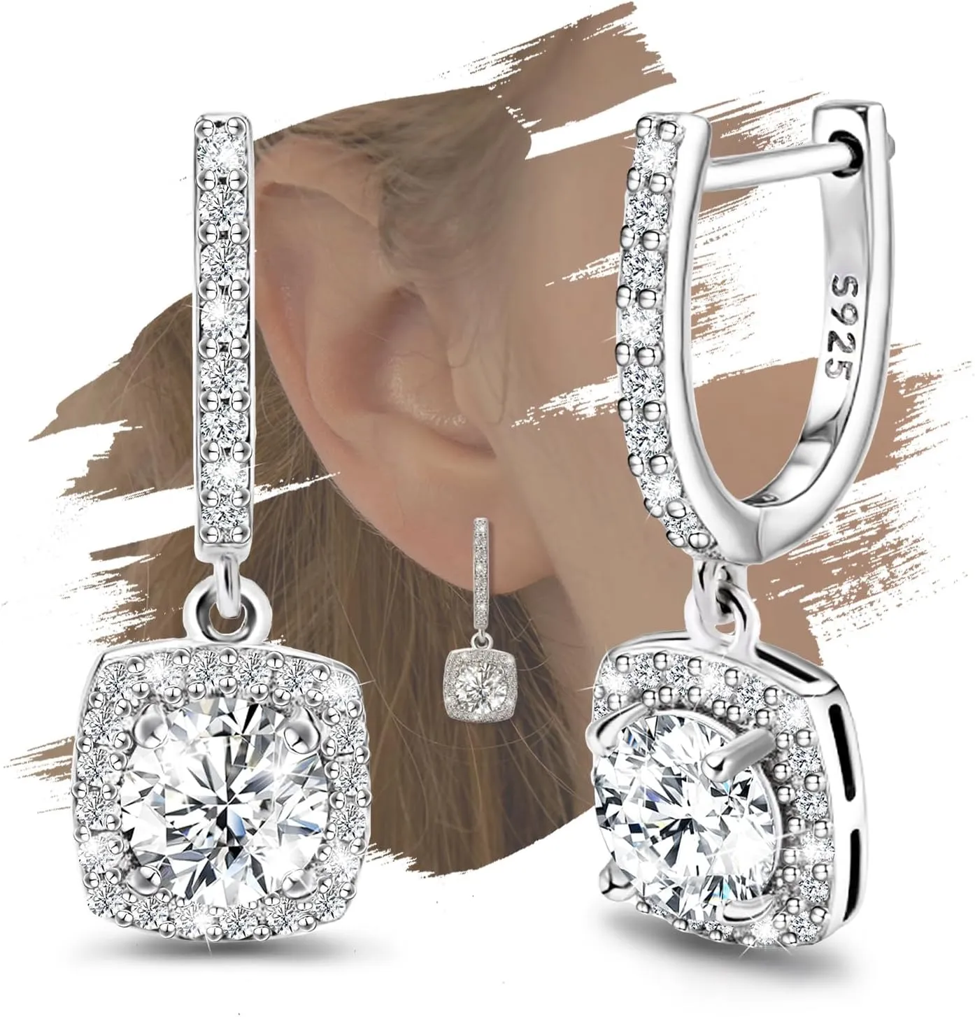 Dangle Hoop Earrings For Women Sterling Silver Huggie Earrings with Princess Cut Square Halo CZ Charm Dangling Drop Cartilage Cuff Earrings Hypoallergenic Jewelry Birthday Wedding Gifts