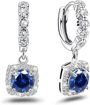 Dangle Hoop Earrings Sterling Silver Huggie Earrings with Princess Cut Blue Square Halo CZ Charm Dangling Drop Cartilage Cuff Earring Hypoallergenic Jewelry For Women Wife Party Birthday Wedding Gifts