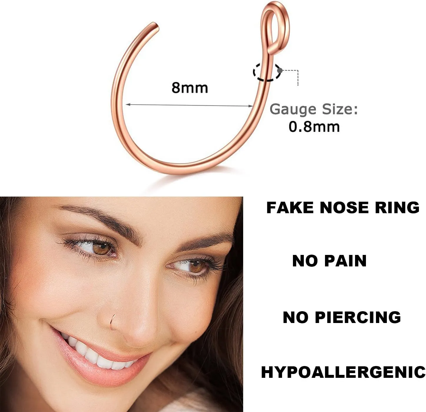 D.Bella 20G Fake Piercing Jewelry Hoop for Faux Lip Septum Nose Ring Set,8mm