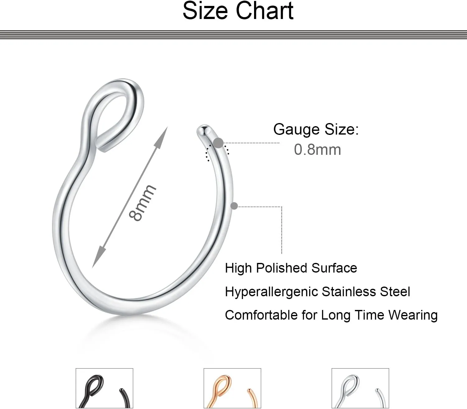 D.Bella 20G Fake Piercing Jewelry Hoop for Faux Lip Septum Nose Ring Set,8mm