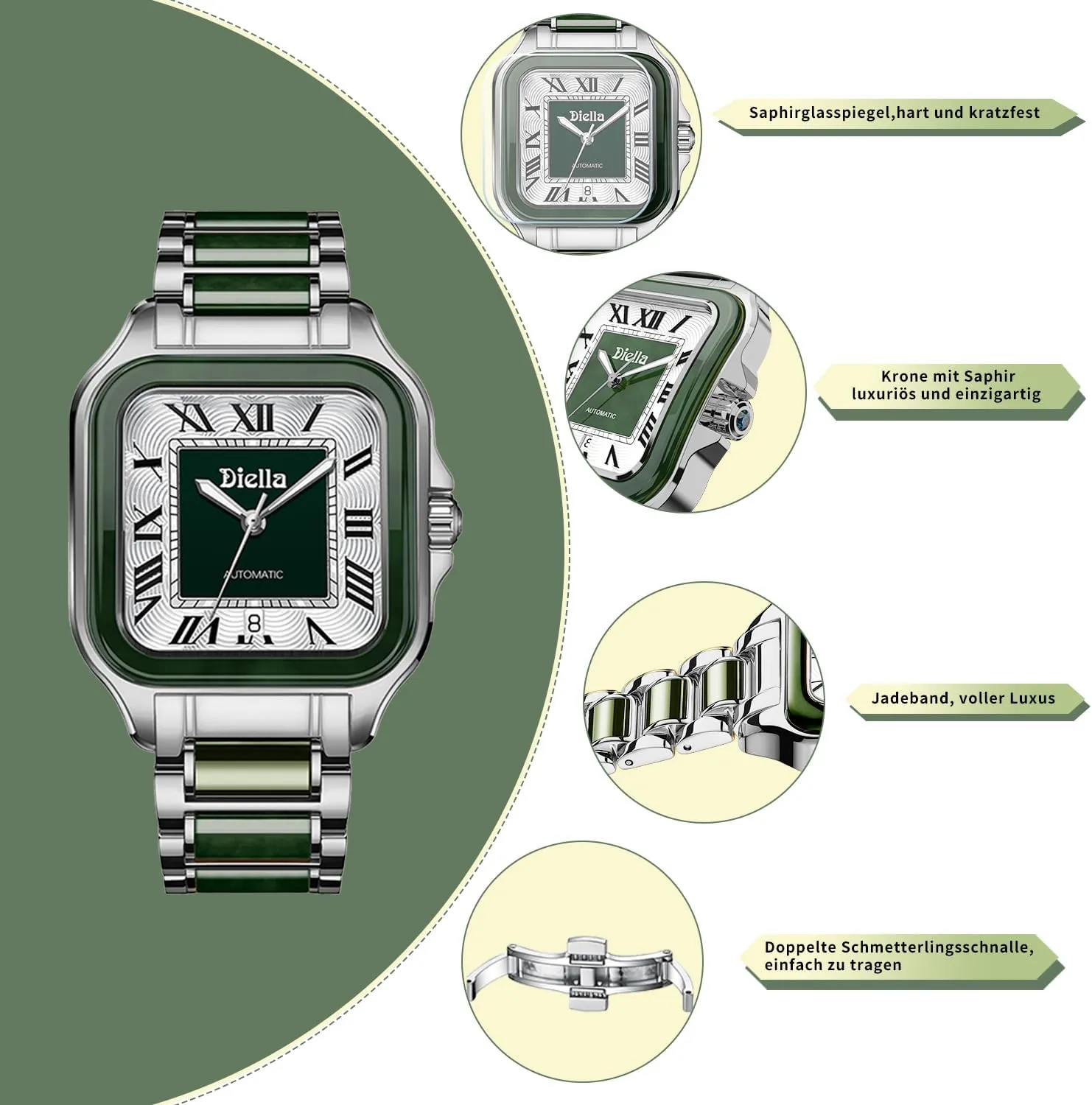 Diella Rectangle Automatic Wrist Watches for Men and Women with Jade