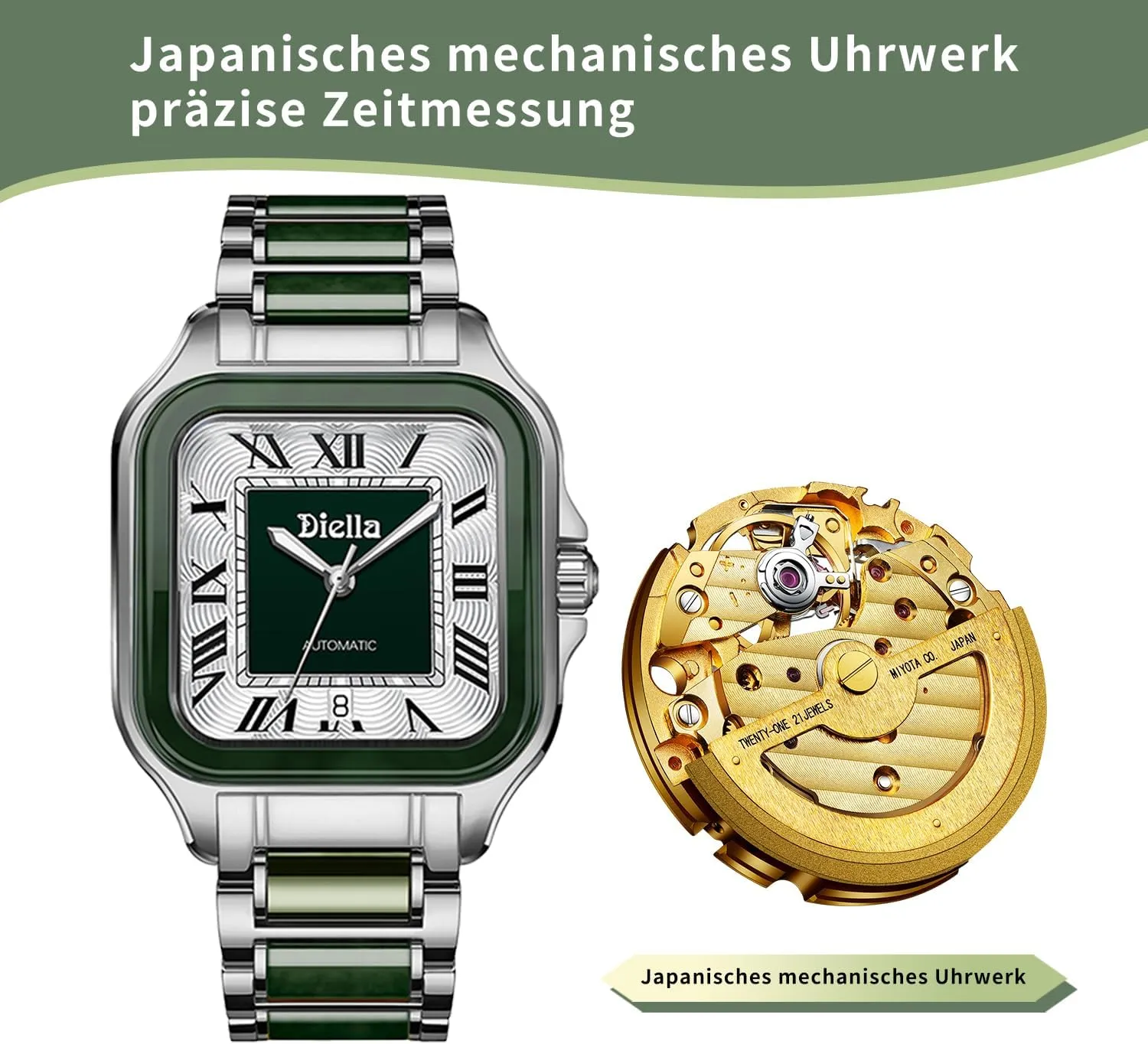 Diella Rectangle Automatic Wrist Watches for Men and Women with Jade