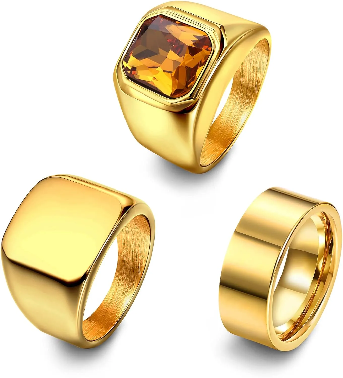 Dochais 3PCS Mens Rings Signet Rings for Men Stainless Steel Biker Ring Square Agate Onyx Rings Men's Ring for Men Solid Polished Retro Band Rings Set Size 7-13