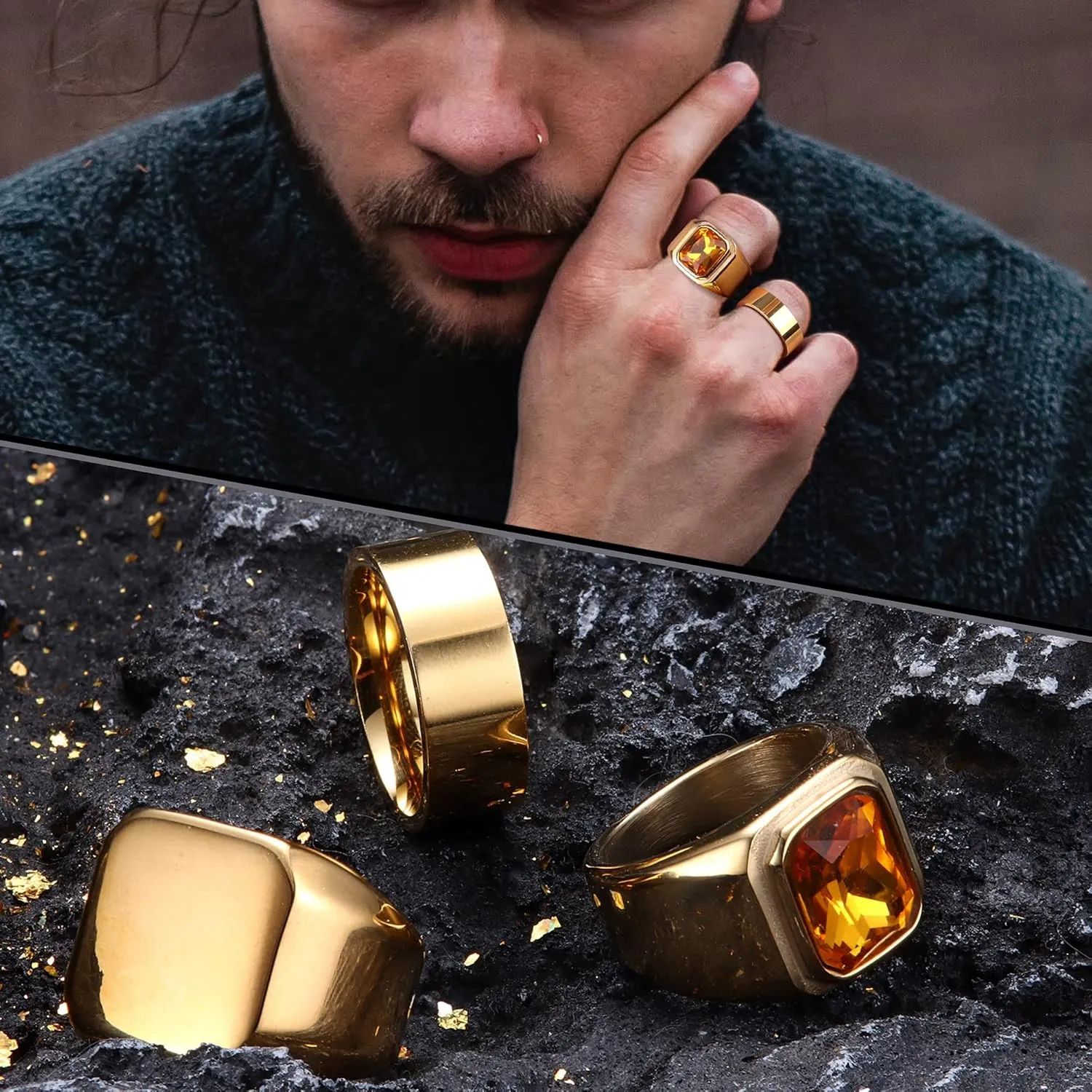 Dochais 3PCS Mens Rings Signet Rings for Men Stainless Steel Biker Ring Square Agate Onyx Rings Men's Ring for Men Solid Polished Retro Band Rings Set Size 7-13