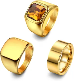 Dochais 3PCS Mens Rings Signet Rings for Men Stainless Steel Biker Ring Square Agate Onyx Rings Men's Ring for Men Solid Polished Retro Band Rings Set Size 7-13