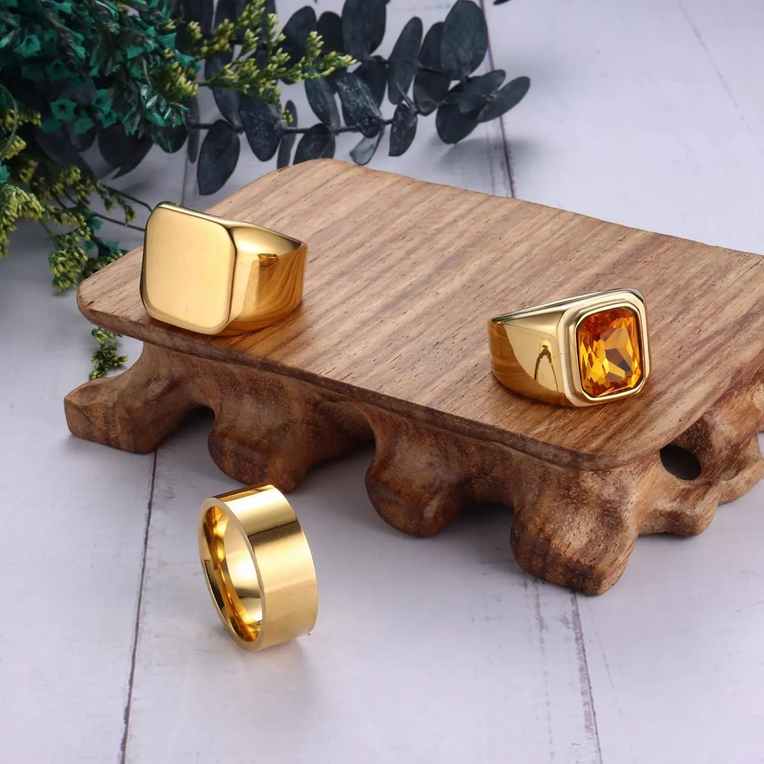 Dochais 3PCS Mens Rings Signet Rings for Men Stainless Steel Biker Ring Square Agate Onyx Rings Men's Ring for Men Solid Polished Retro Band Rings Set Size 7-13