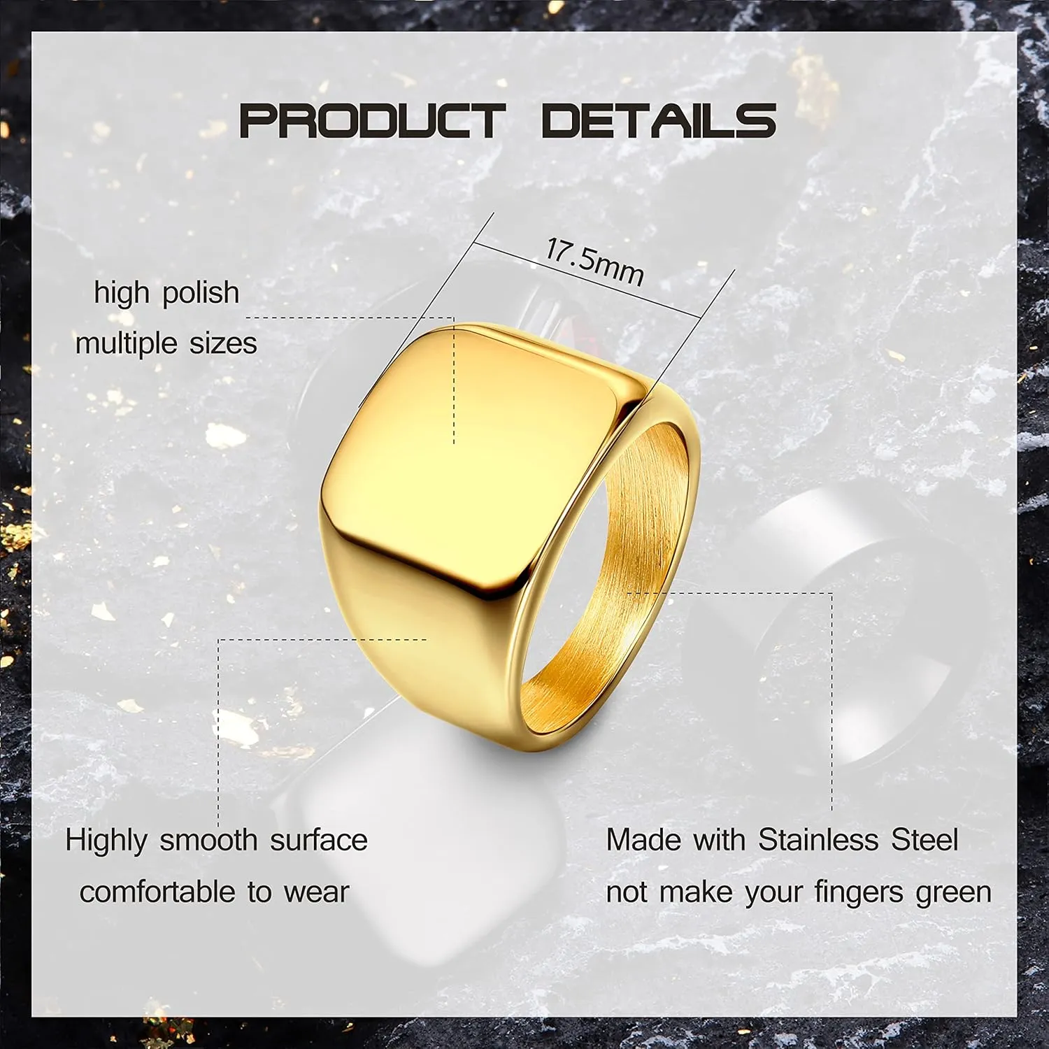 Dochais 3PCS Mens Rings Signet Rings for Men Stainless Steel Biker Ring Square Agate Onyx Rings Men's Ring for Men Solid Polished Retro Band Rings Set Size 7-13