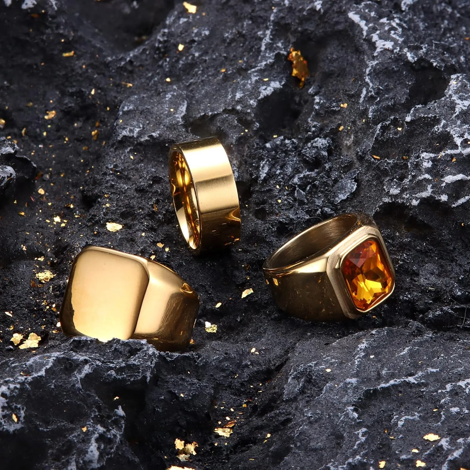 Dochais 3PCS Mens Rings Signet Rings for Men Stainless Steel Biker Ring Square Agate Onyx Rings Men's Ring for Men Solid Polished Retro Band Rings Set Size 7-13
