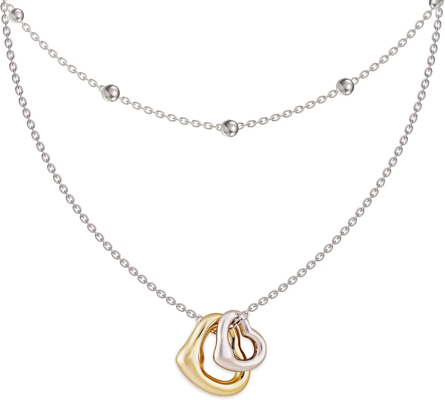 Double-Heart Necklace & Satellite Chain Choker Set, 925 Sterling Silver, Adjustable Layered Jewelry for Women, Mother's Day Gift, High-polish Craftsmanship