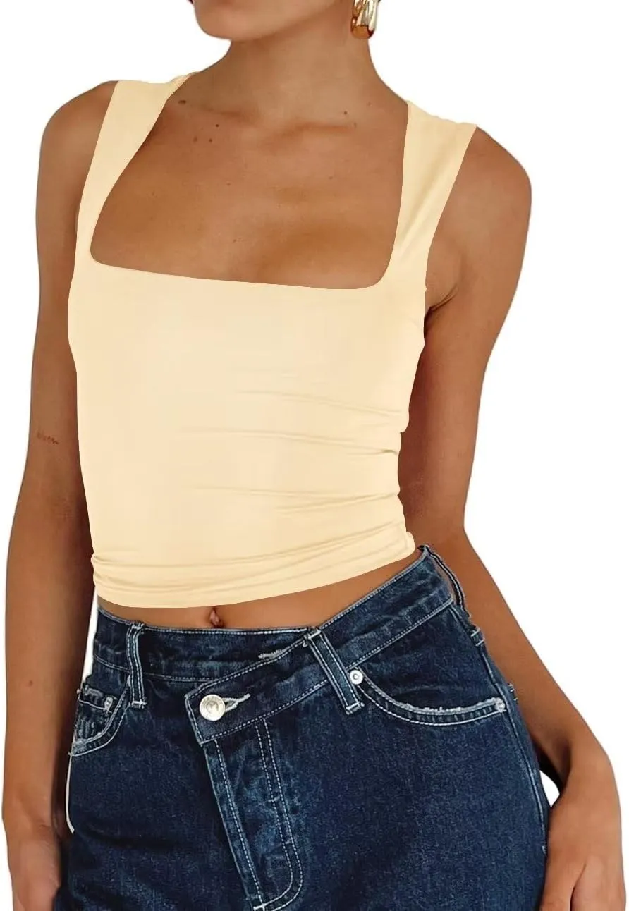 Dressmine Women's Sexy Sleeveless Square Neck Crop Top Seamless Knitting Trendy Basics Tank Top