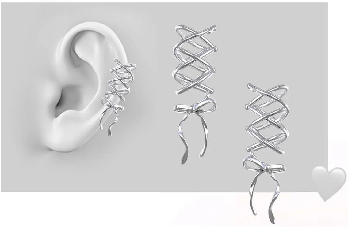 Ear Cuff Earrings for Women Bow Cartilage Non Piercing Earring Silver Earrings Clip On Earrings for Women Lightweight Hypoallergenic Hoop Earrings Fake Piercings for Women Teens Gifts
