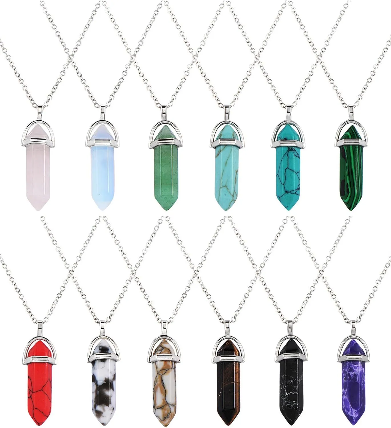 EBOOT womens 12 Pieces Hexagonal Chakra Crystal Bullet Shape Gemstone Pendant Necklaces Pointed Quartz Stone Chain Necklaces Artificial Stone with Storage Bag (Soft Color Set)
