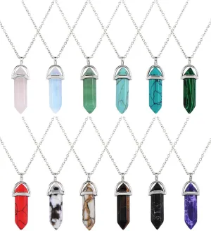 EBOOT womens 12 Pieces Hexagonal Chakra Crystal Bullet Shape Gemstone Pendant Necklaces Pointed Quartz Stone Chain Necklaces Artificial Stone with Storage Bag (Soft Color Set)