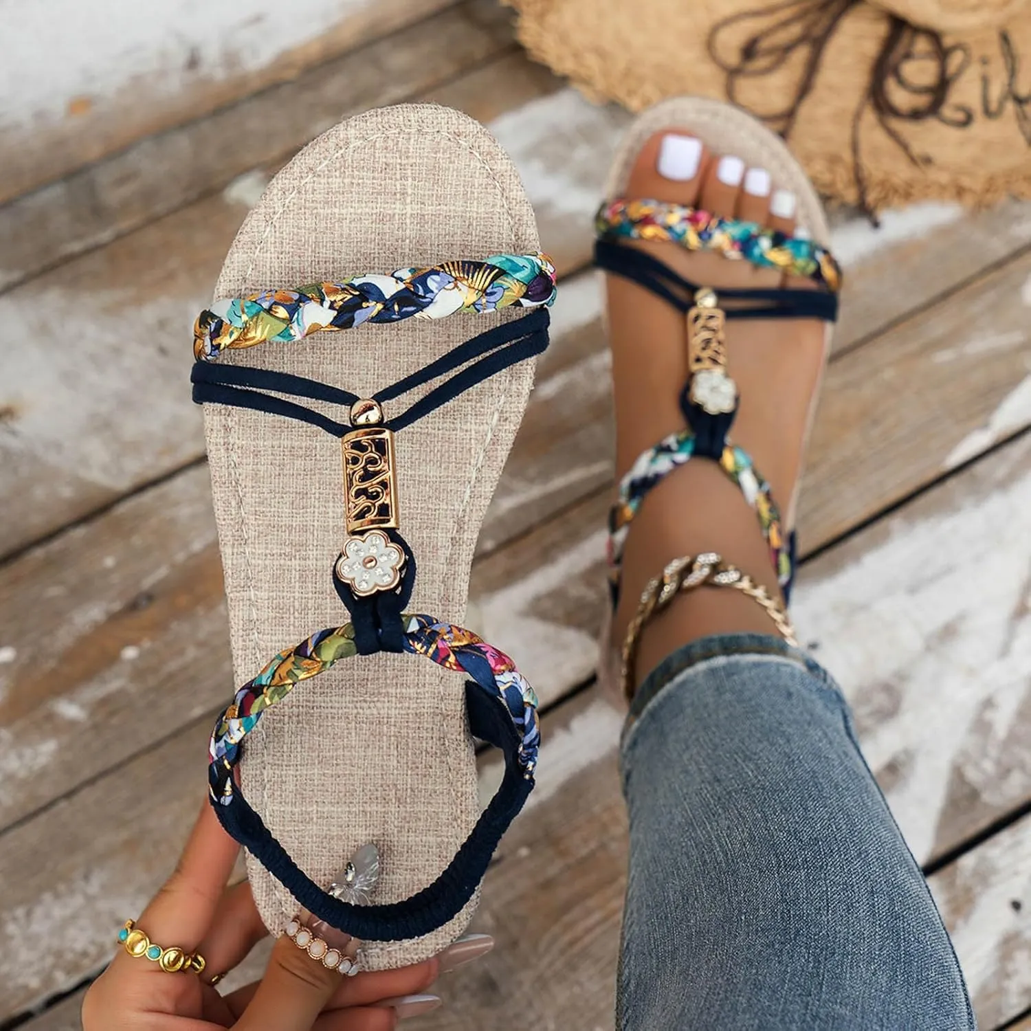 Eduavar Womens Sandals Arch Support Bohemian Comfort Dressy Rhinestone Summer Beach Flat Shoes Slip-on Ankle Strap Sandals