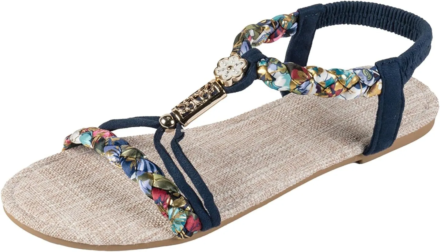 Eduavar Womens Sandals Arch Support Bohemian Comfort Dressy Rhinestone Summer Beach Flat Shoes Slip-on Ankle Strap Sandals