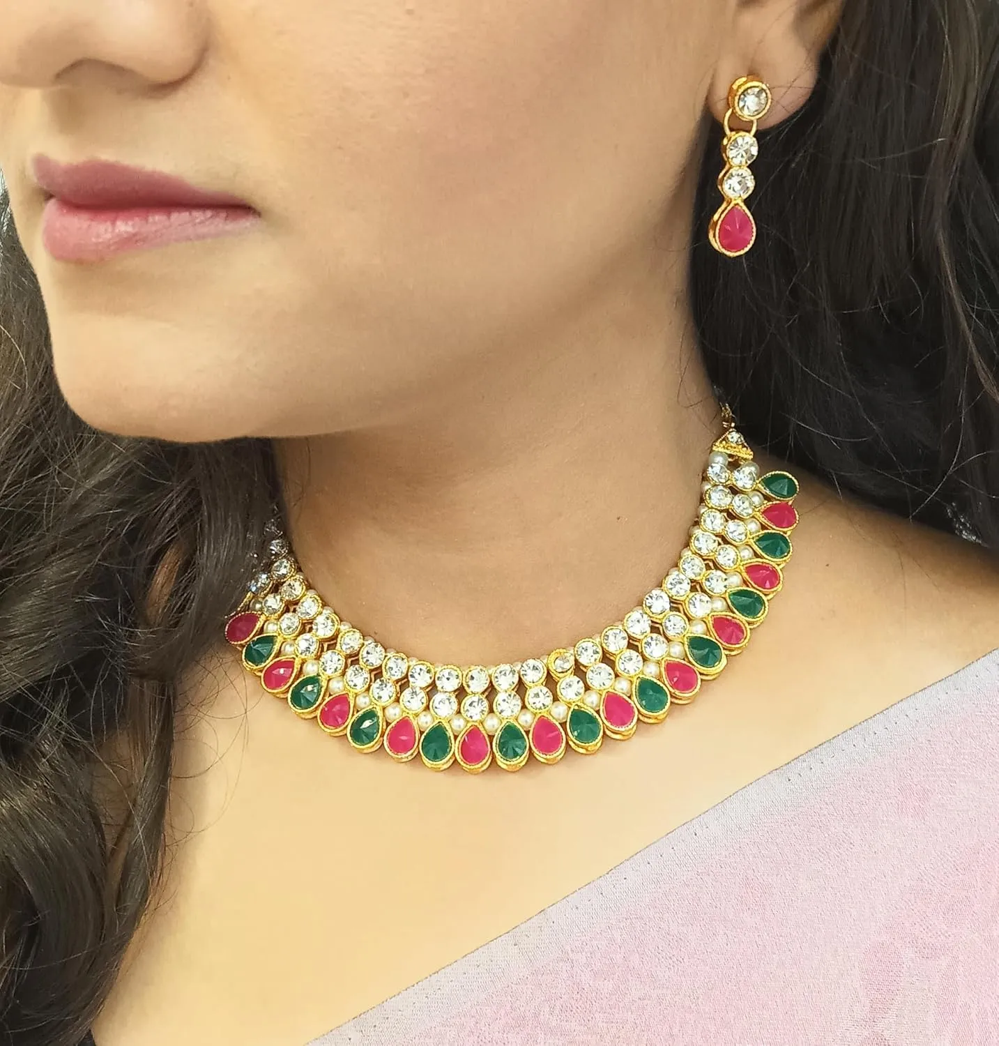 Efulgenz Crystal Choker Indian Jewelry Sets for Women Cubic Zirconia CZ Crystal Choker Necklace Drop Dangle Earrings Set Bollywood Wedding Jewellery