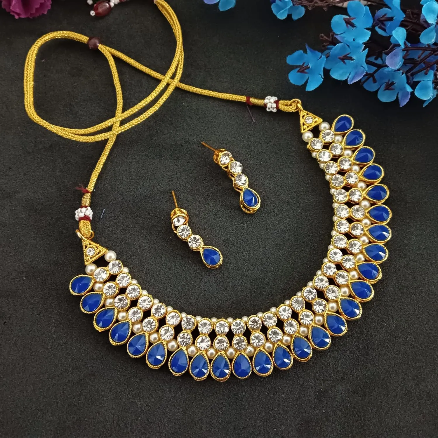 Efulgenz Crystal Choker Indian Jewelry Sets for Women Cubic Zirconia CZ Crystal Choker Necklace Drop Dangle Earrings Set Bollywood Wedding Jewellery