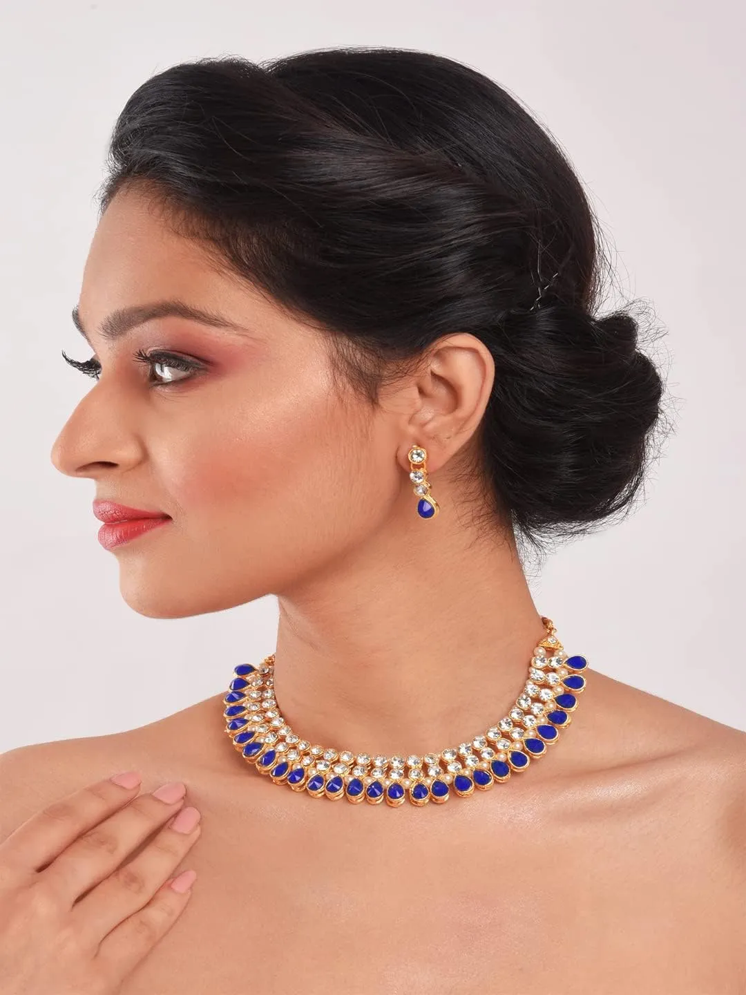 Efulgenz Crystal Choker Indian Jewelry Sets for Women Cubic Zirconia CZ Crystal Choker Necklace Drop Dangle Earrings Set Bollywood Wedding Jewellery