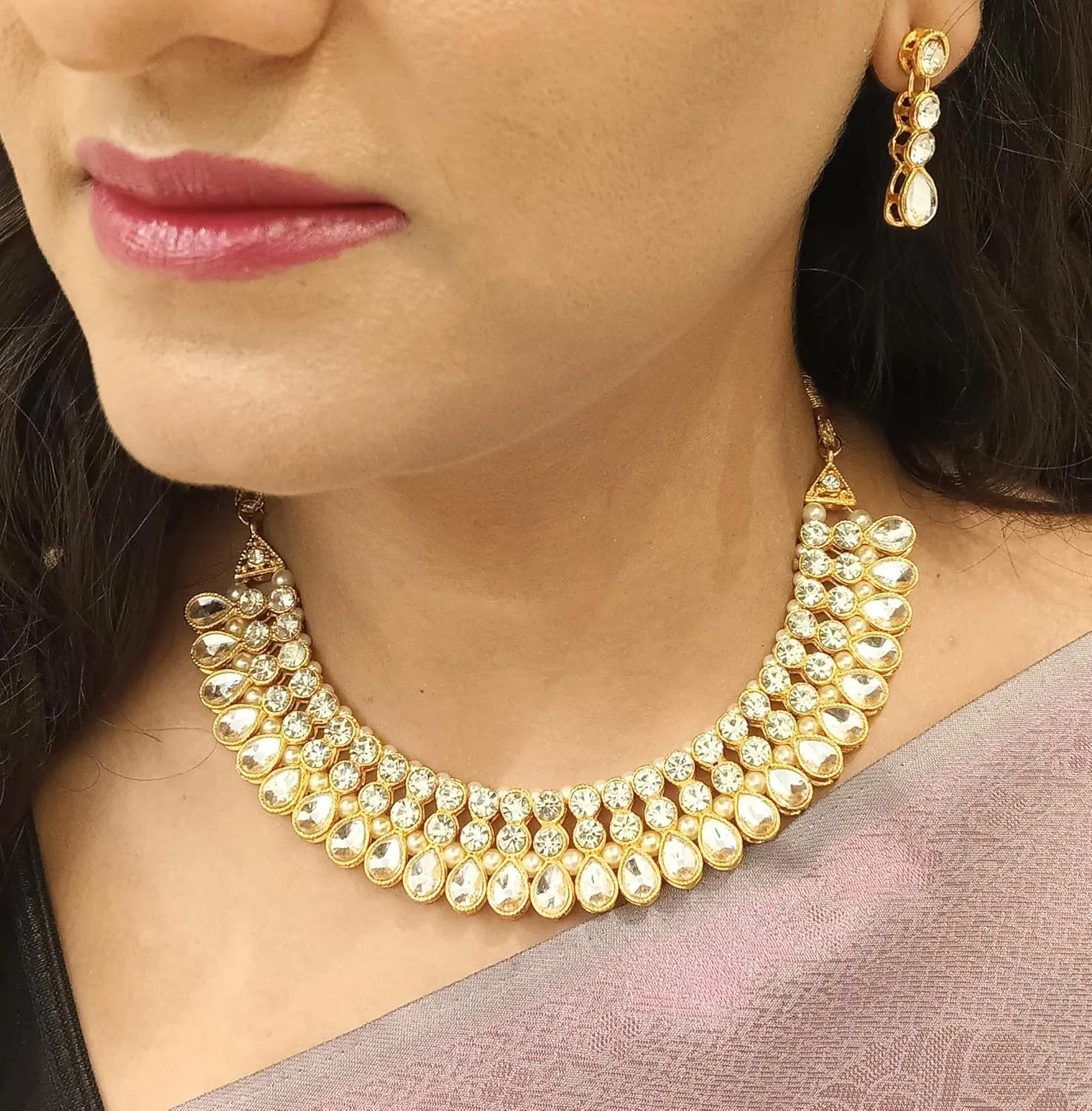 Efulgenz Crystal Choker Indian Jewelry Sets for Women Cubic Zirconia CZ Crystal Choker Necklace Drop Dangle Earrings Set Bollywood Wedding Jewellery