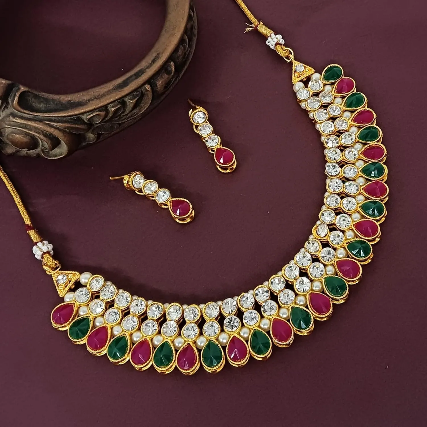 Efulgenz Crystal Choker Indian Jewelry Sets for Women Cubic Zirconia CZ Crystal Choker Necklace Drop Dangle Earrings Set Bollywood Wedding Jewellery
