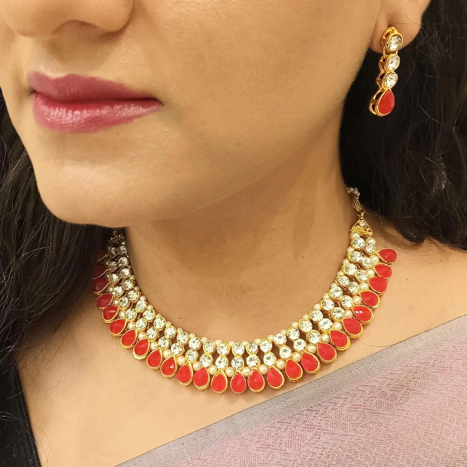 Efulgenz Crystal Choker Indian Jewelry Sets for Women Cubic Zirconia CZ Crystal Choker Necklace Drop Dangle Earrings Set Bollywood Wedding Jewellery