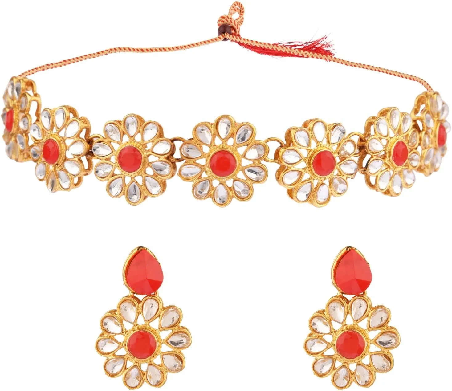 Efulgenz Kundan Choker Set Indian Jewelry Sets for Women Crystal Kundan Floral Choker Necklace Earrings Bollywood Wedding Bridal Set Jewellery