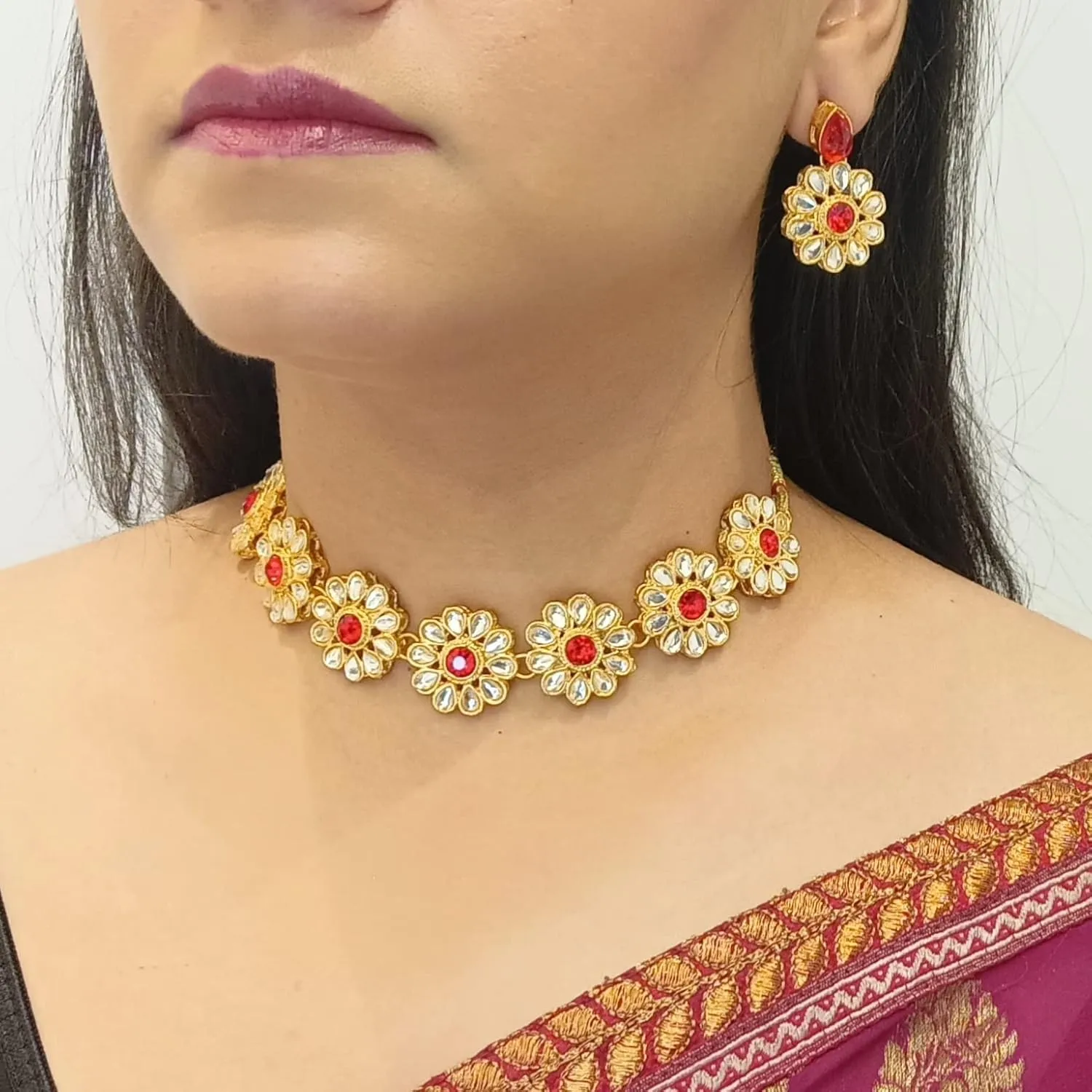 Efulgenz Kundan Choker Set Indian Jewelry Sets for Women Crystal Kundan Floral Choker Necklace Earrings Bollywood Wedding Bridal Set Jewellery