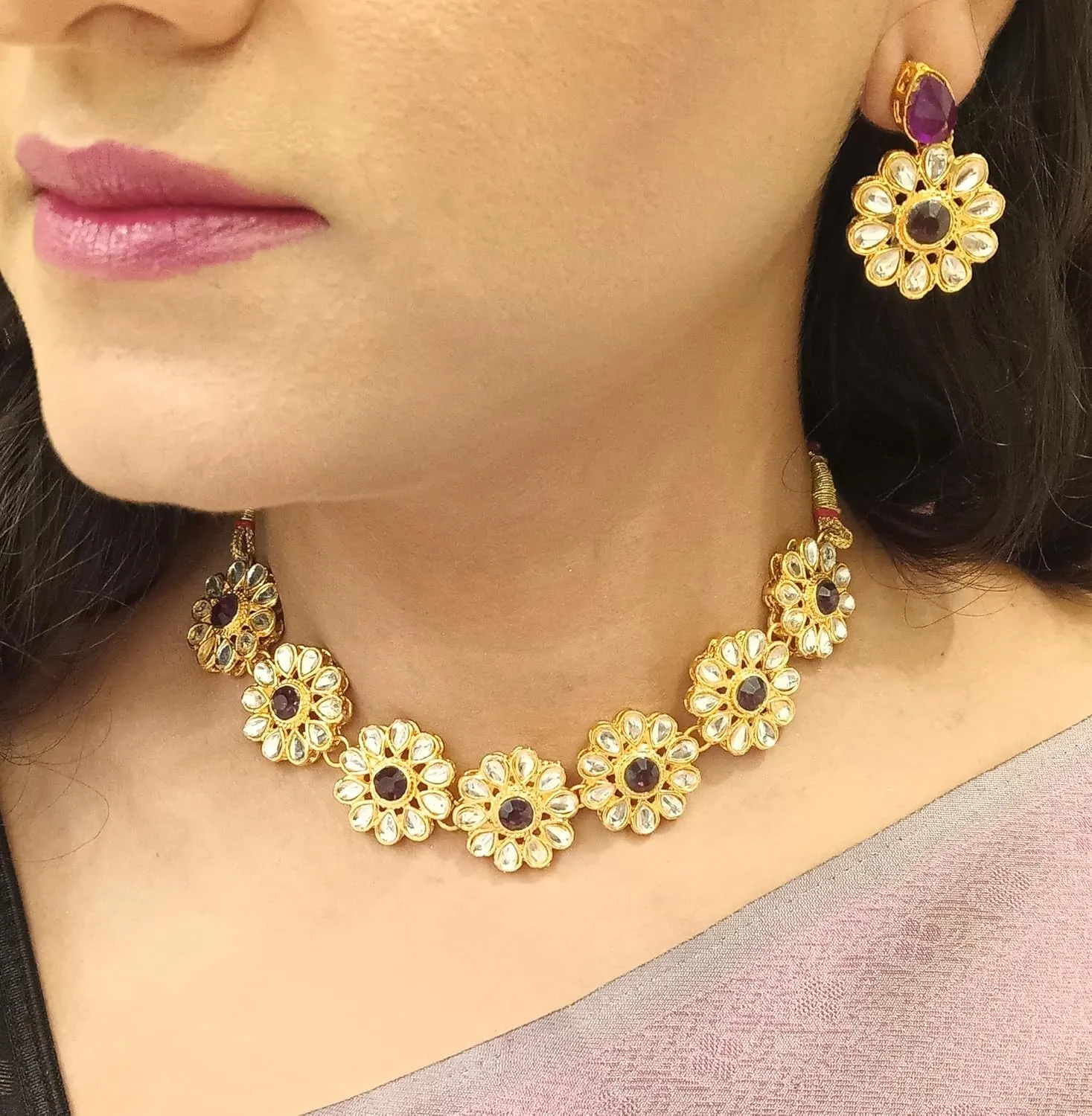 Efulgenz Kundan Choker Set Indian Jewelry Sets for Women Crystal Kundan Floral Choker Necklace Earrings Bollywood Wedding Bridal Set Jewellery