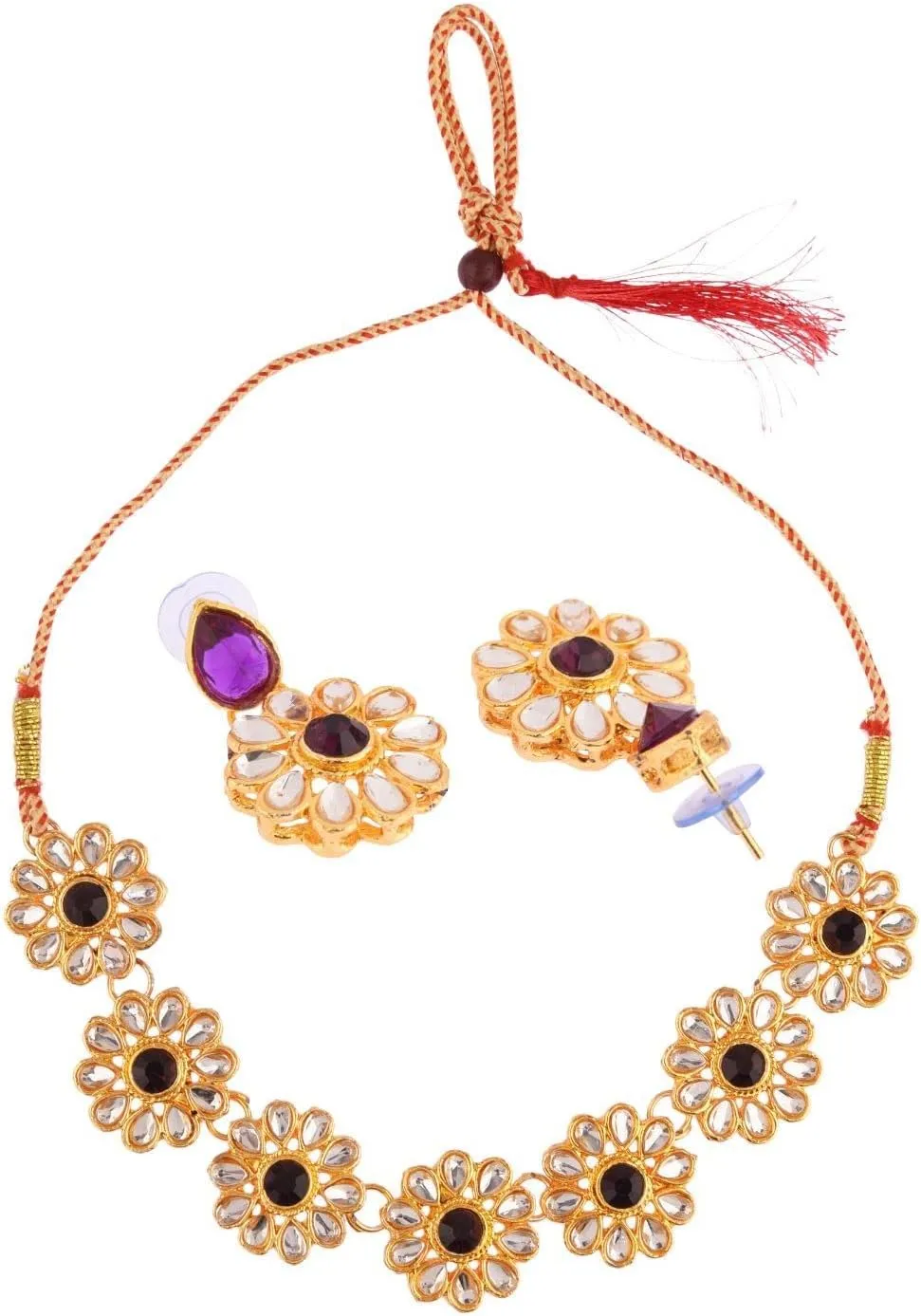 Efulgenz Kundan Choker Set Indian Jewelry Sets for Women Crystal Kundan Floral Choker Necklace Earrings Bollywood Wedding Bridal Set Jewellery