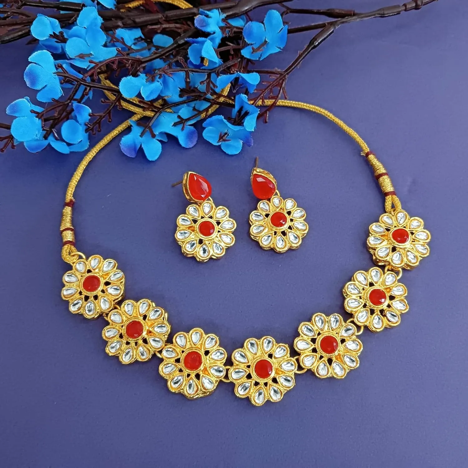 Efulgenz Kundan Choker Set Indian Jewelry Sets for Women Crystal Kundan Floral Choker Necklace Earrings Bollywood Wedding Bridal Set Jewellery