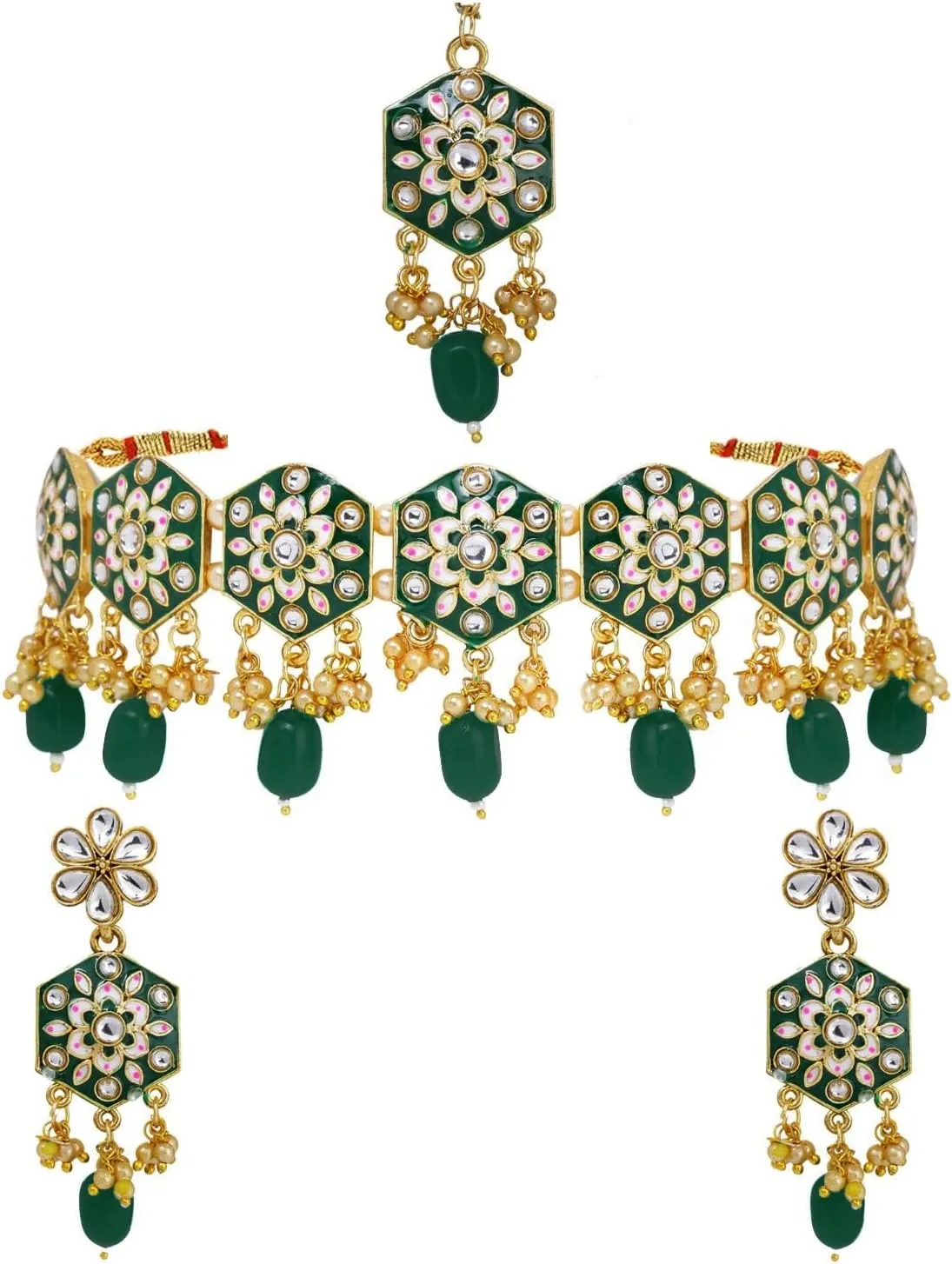 Efulgenz Meenakari Choker Set Indian Jewelry Crystal Kundan Faux Pearl Choker Necklace Earrings Maang Tikka Wedding Bollywood Bridal Jewelry Set for Women
