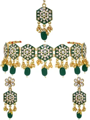 Efulgenz Meenakari Choker Set Indian Jewelry Crystal Kundan Faux Pearl Choker Necklace Earrings Maang Tikka Wedding Bollywood Bridal Jewelry Set for Women