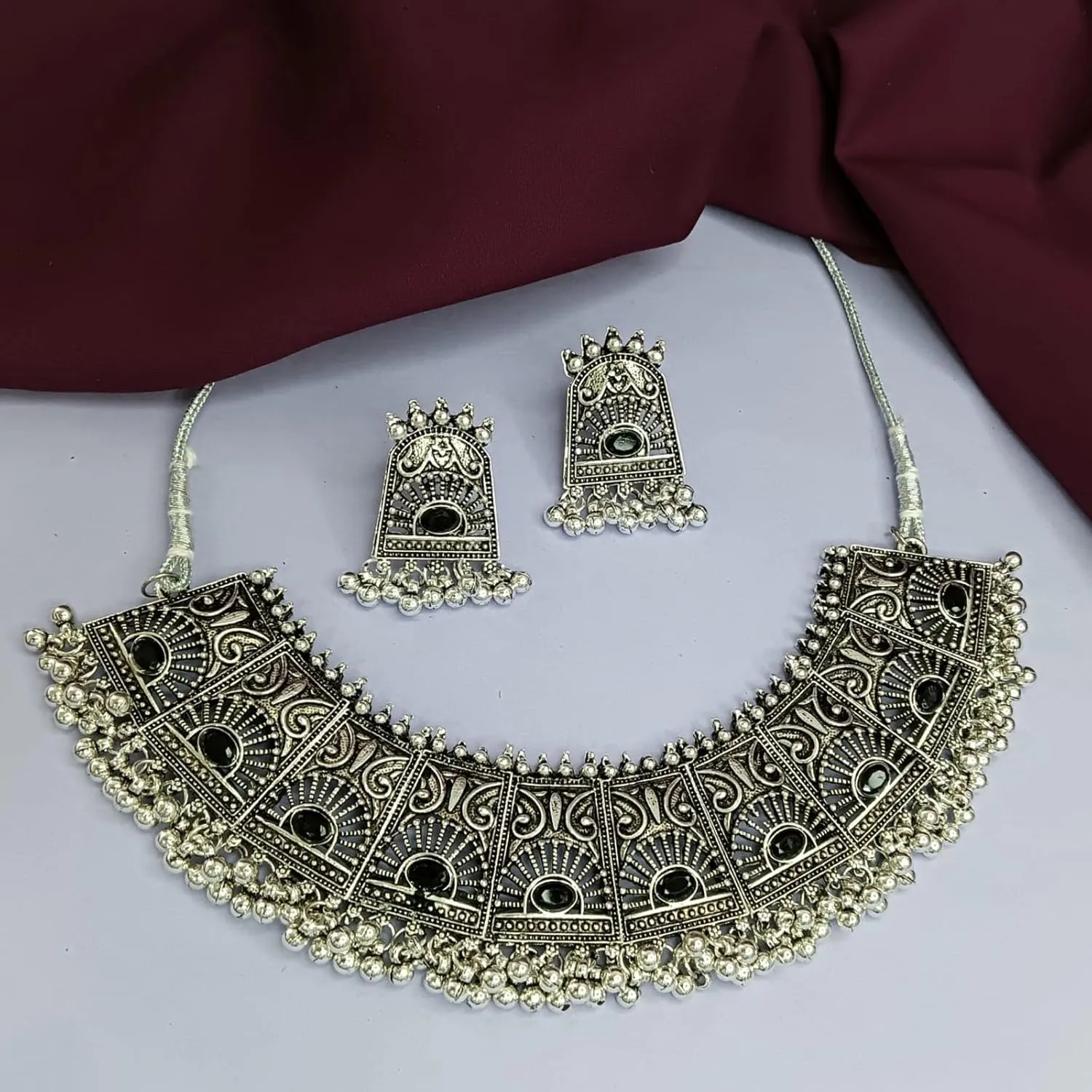 Efulgenz Oxidized Indian Jewelry Necklace Sets Oxidized Choker Set Indian Oxidized Jewelry Antique Boho Crystal Stone Necklace Earrings Set Bohemian Jewelry Set for Women