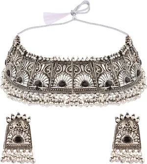 Efulgenz Oxidized Indian Jewelry Necklace Sets Oxidized Choker Set Indian Oxidized Jewelry Antique Boho Crystal Stone Necklace Earrings Set Bohemian Jewelry Set for Women
