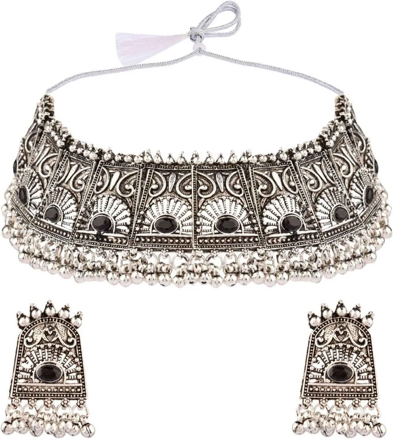 Efulgenz Oxidized Indian Jewelry Necklace Sets Oxidized Choker Set Indian Oxidized Jewelry Antique Boho Crystal Stone Necklace Earrings Set Bohemian Jewelry Set for Women