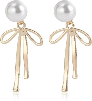 Elegant Gold Silver Color Bow Stud Earrings for Women Trendy Imitation Pearl Bow Dangle Earrings