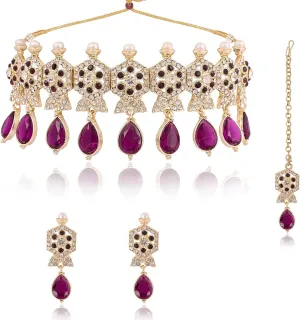 Elegant Indian Purple Choker Necklace Set for Women | Stones & Beads Jewellery with Earrings, Ring & Maangtikka | Ideal for Weddings, Festivals & Special Occasions